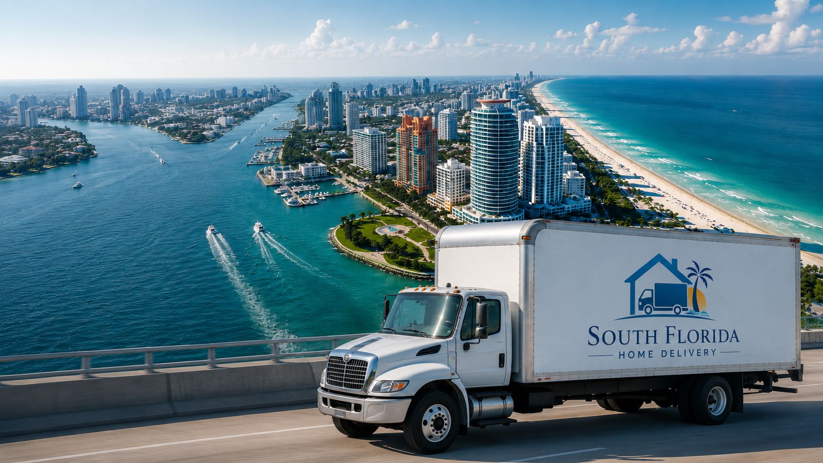 Camión de South Florida Home Delivery sobre la bahía con el skyline de Miami al fondo