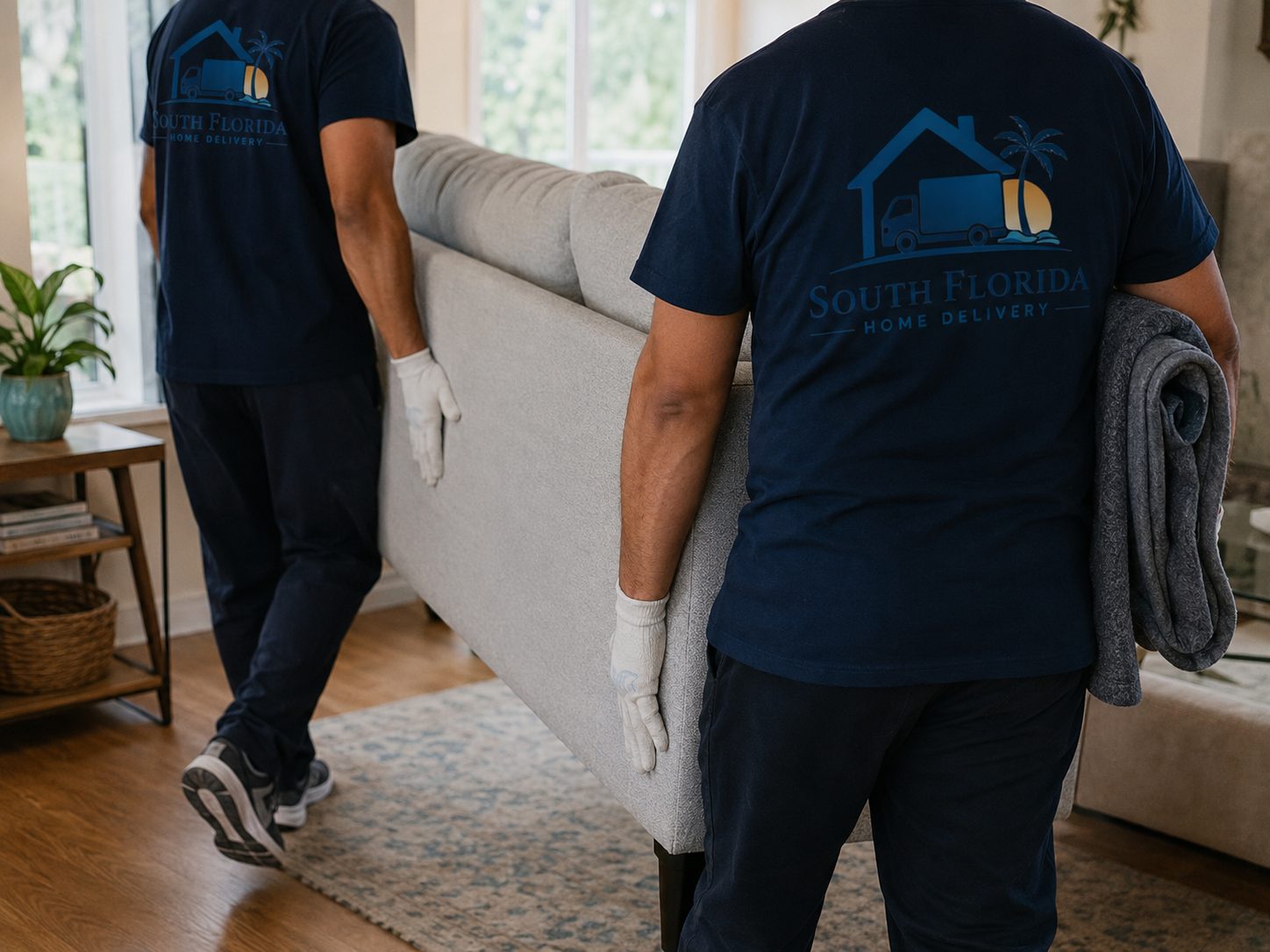 Equipo de South Florida Home Delivery entregando muebles a domicilio