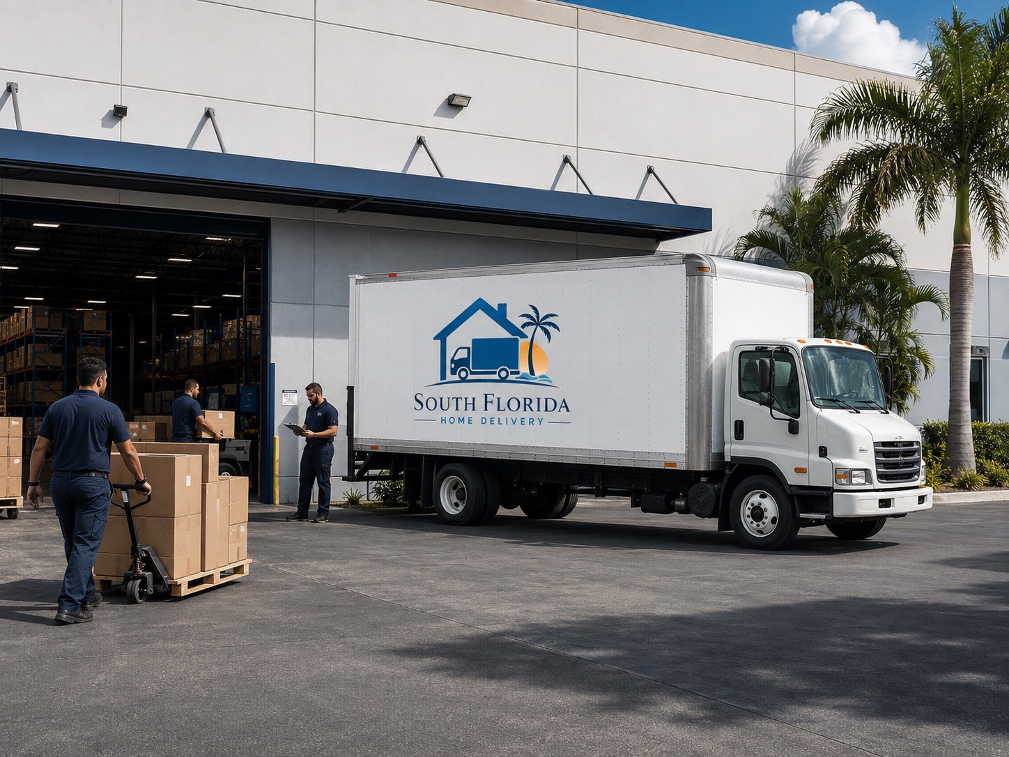 Camión de South Florida Home Delivery cargando muebles en una bodega del sur de Florida